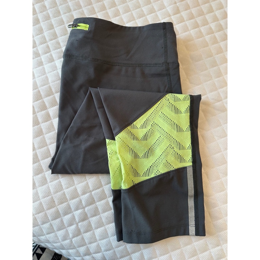 Under Armour HeatGear Compression Leggings Gray Neon Green Mesh Crop Large